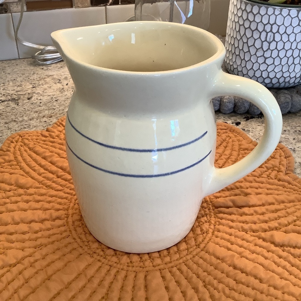 Cream Stoneware Pitcher with Blue Stripes - Decor - Boho